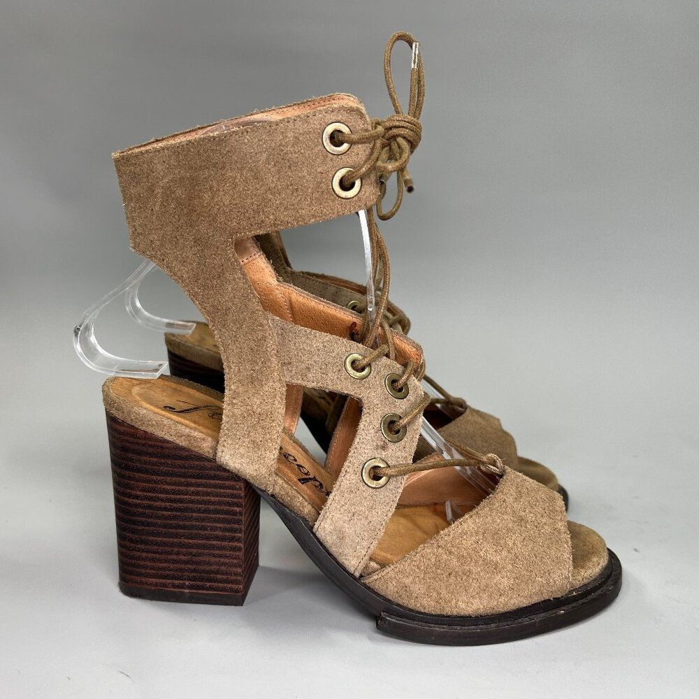 Free People Suede Heels Women's 6.5 Taupe Block Heel Lace‎ Up Open Toe Sandals